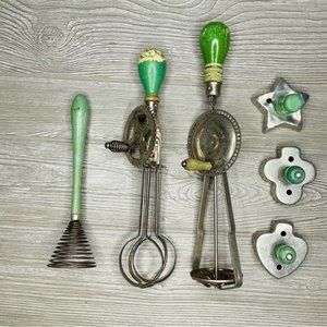 Vintage kitchen utensils androck egg mixer , cookie cutters , whisk and beater